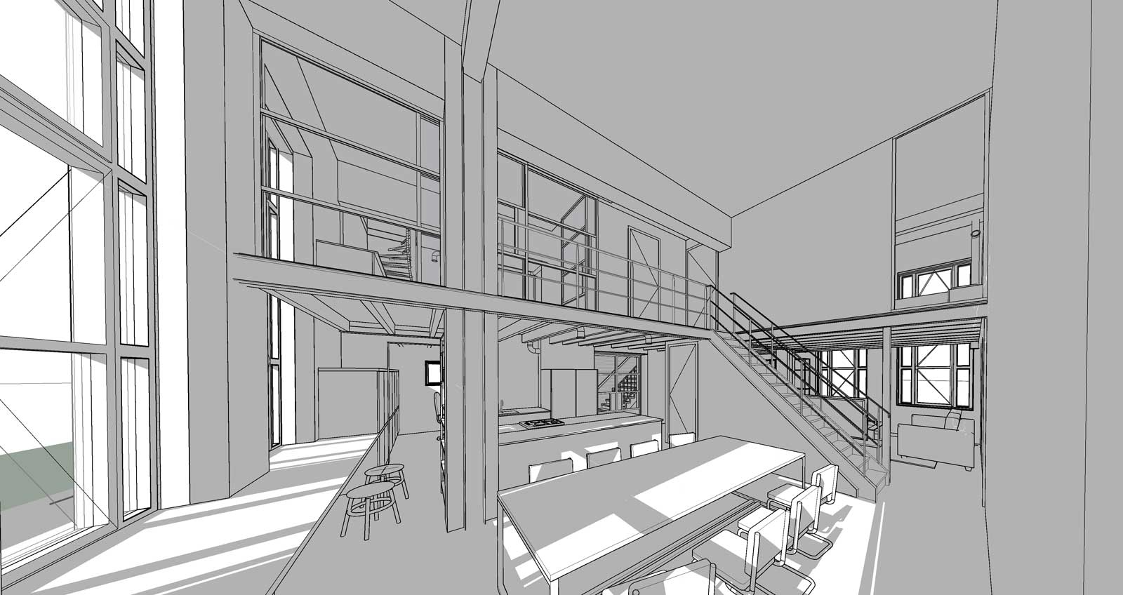 Loftwoning Woerden interieur woonkamer lijntekening
