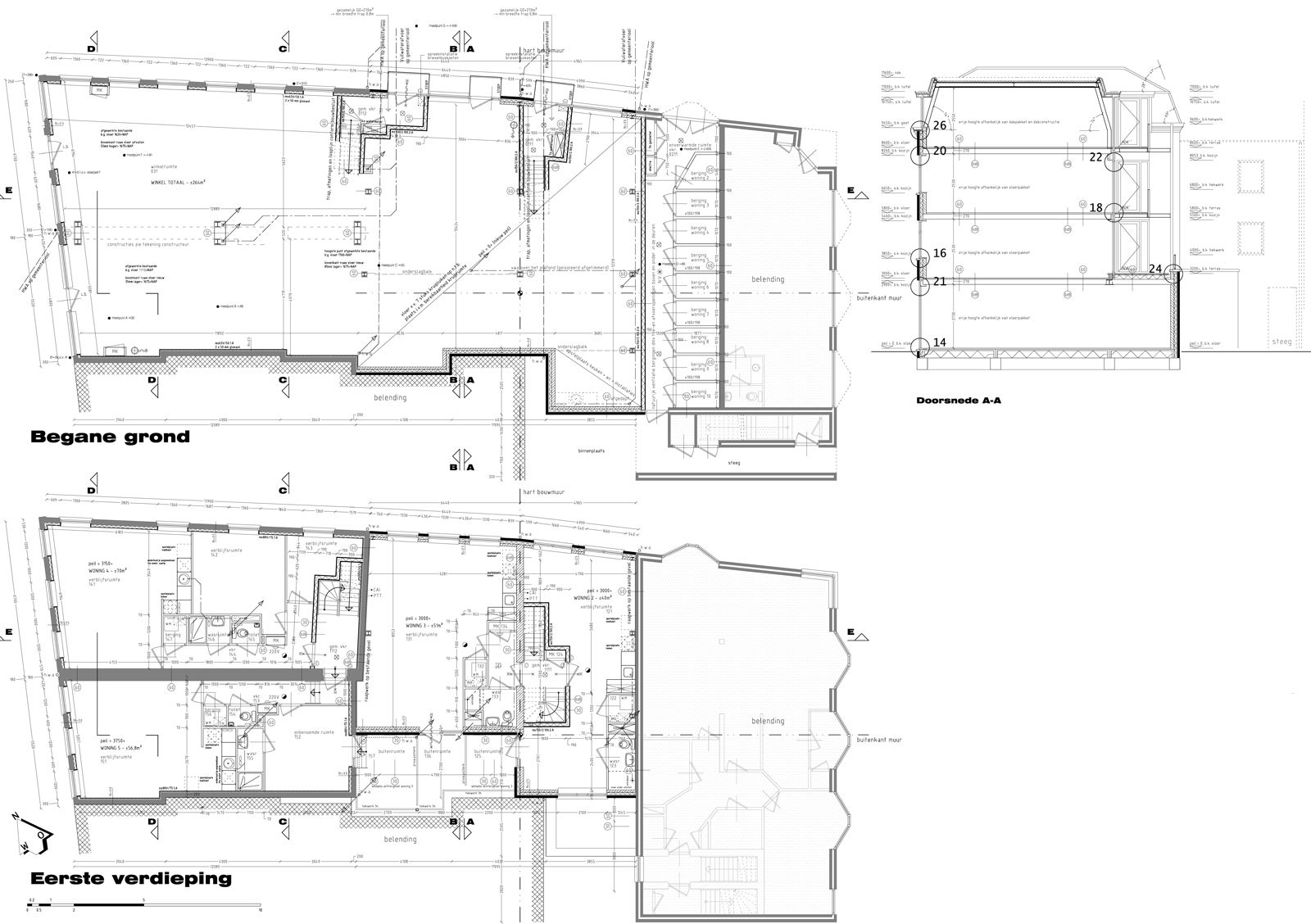 bouwtekening begane grond en eerste verdieping - wonen boven winkels Peperstraat Purmerend