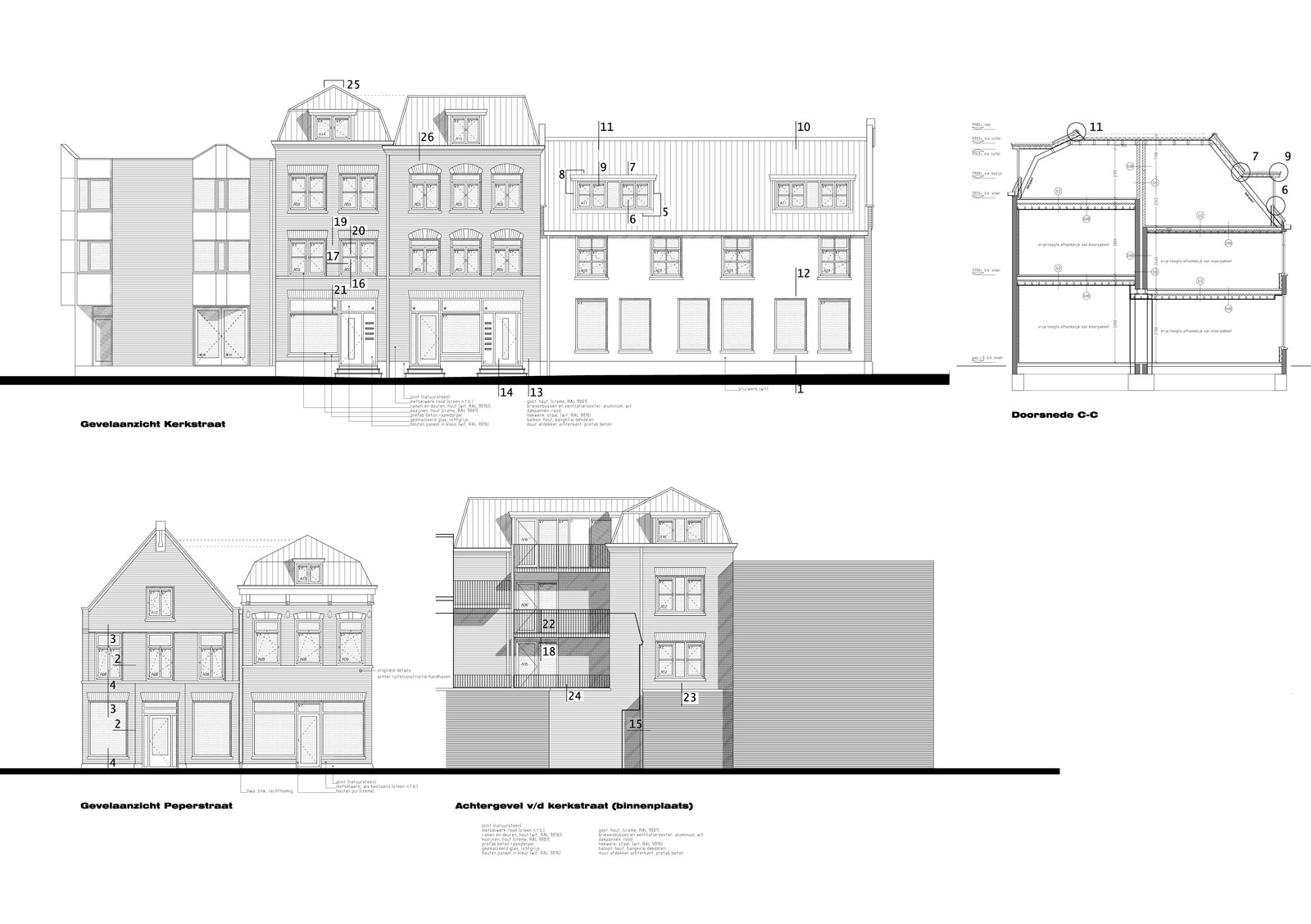 bouwtekening geveltekeningen - wonen boven winkels Peperstraat Purmerend