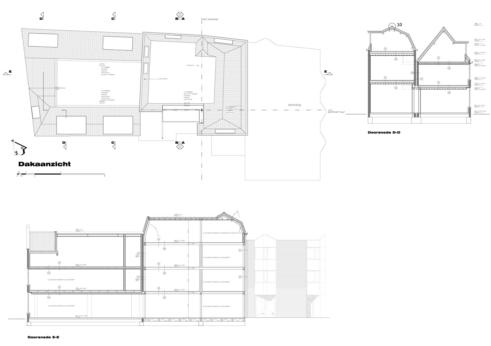 bouwtekening dakaanzicht en doorsneden - wonen boven winkels Peperstraat Purmerend