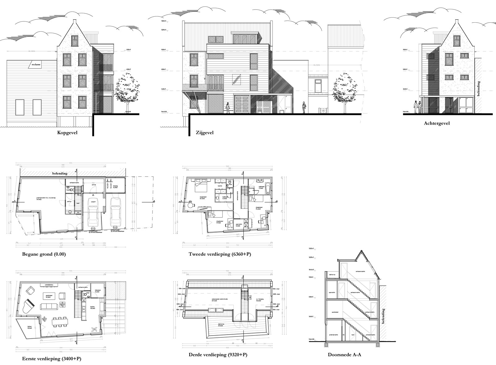 gevelaanzichten en plattegronden - woning met praktijkruimte Ooievaarsteeg Schiedam