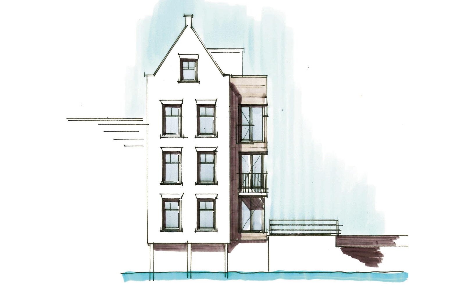 schets kopgevel - woning met praktijkruimte Ooievaarsteeg Schiedam