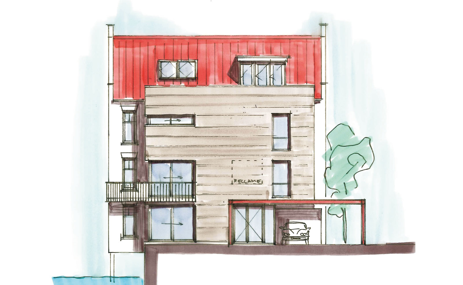 schets langsgevel - woning met praktijkruimte Ooievaarsteeg Schiedam