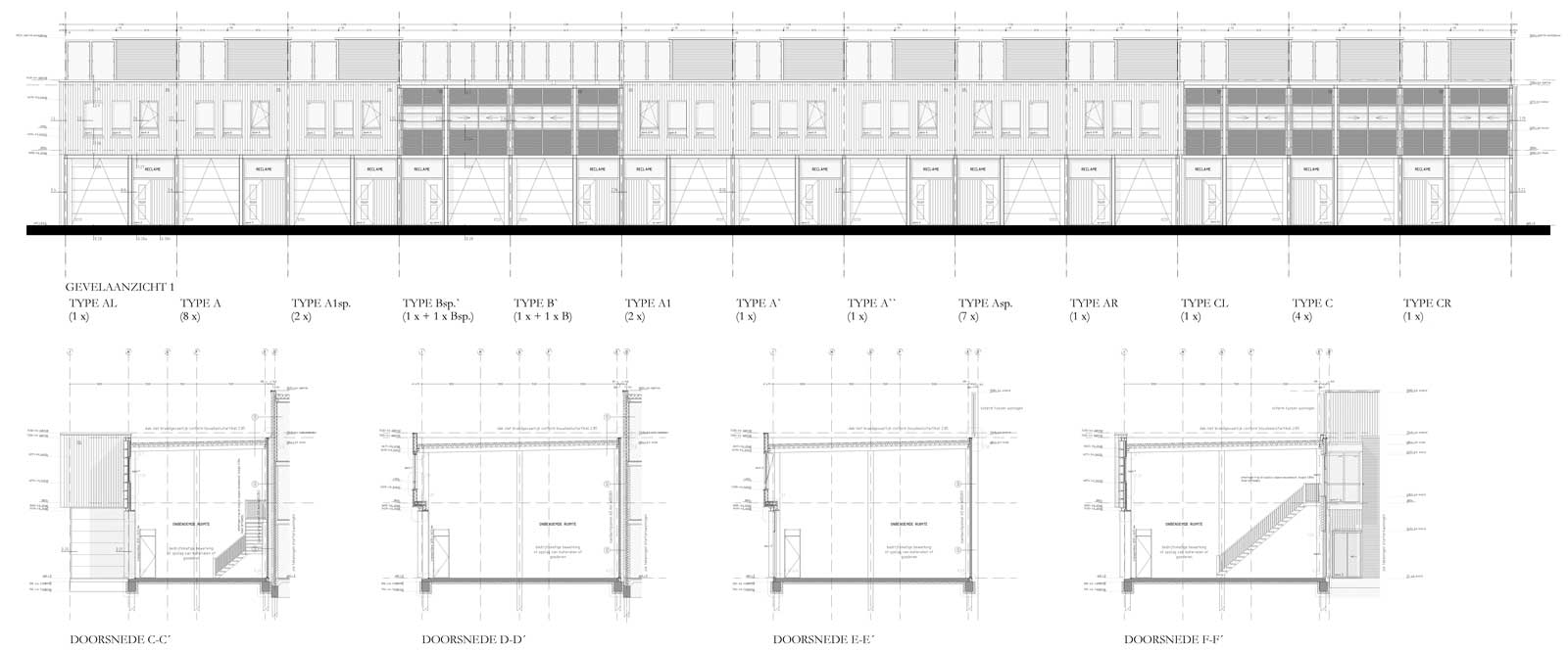 bouwtekening gevelaanzicht en doorsneden - bedrijfsunits Leeuwensingel Reeuwijk