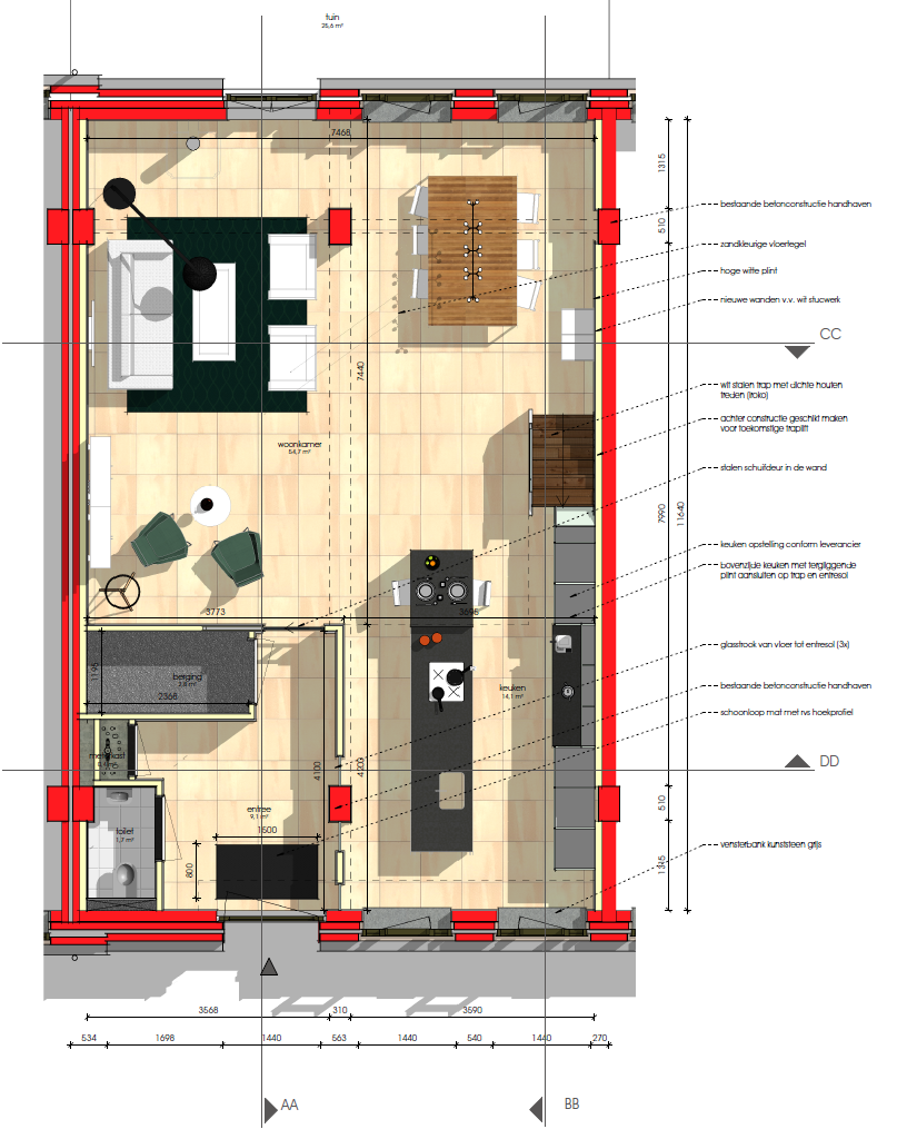 Industrieel woonhuis raamwerk Woerden Defensie eiland plattegrond