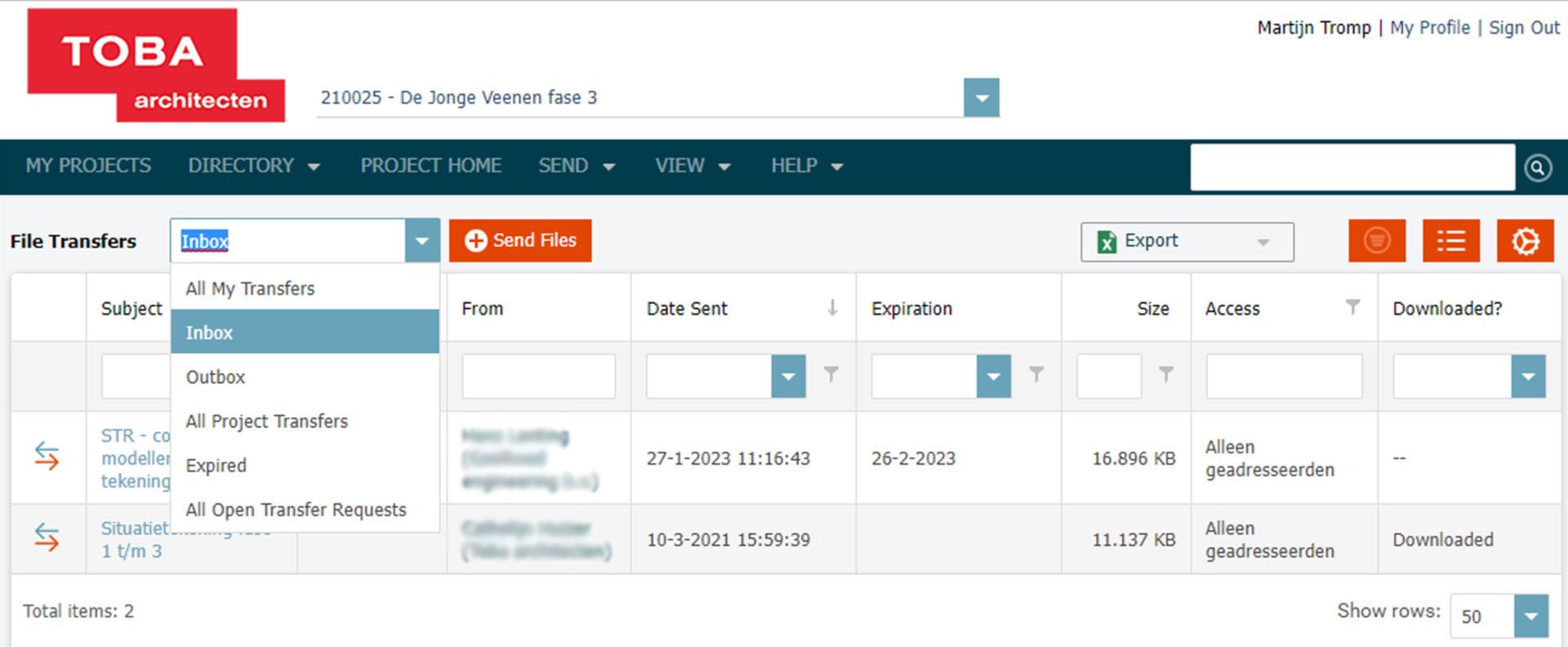 Toba architecten info exchange portaal newforma file transfers