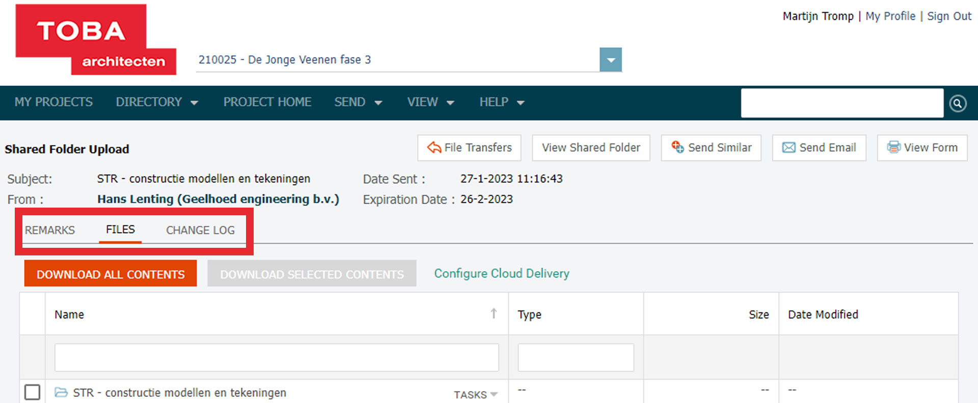 Toba architecten info exchange portaal newforma file transfers