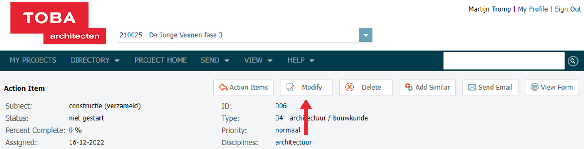 Toba architecten info exchange portaal newforma action items