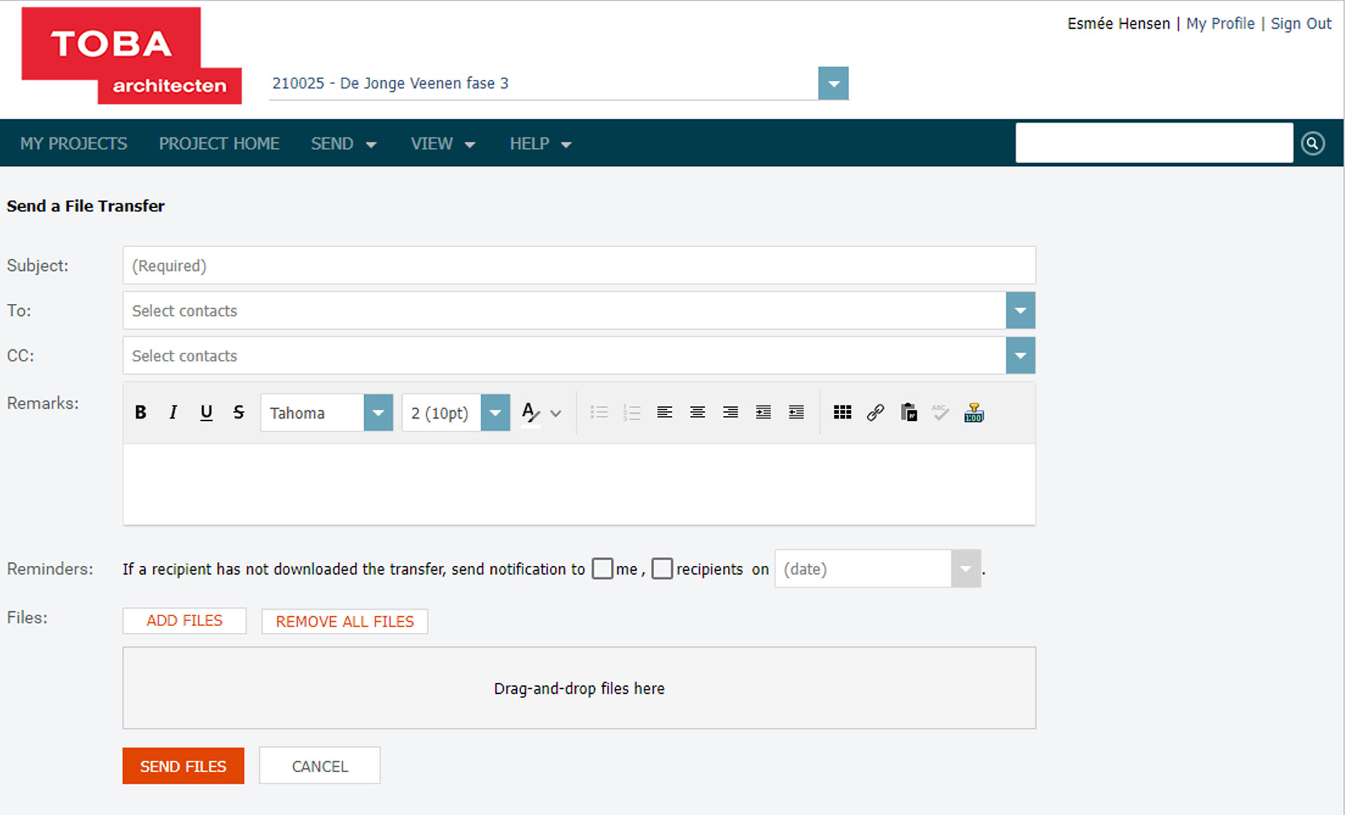 Toba architecten info exchange portaal newforma send files
