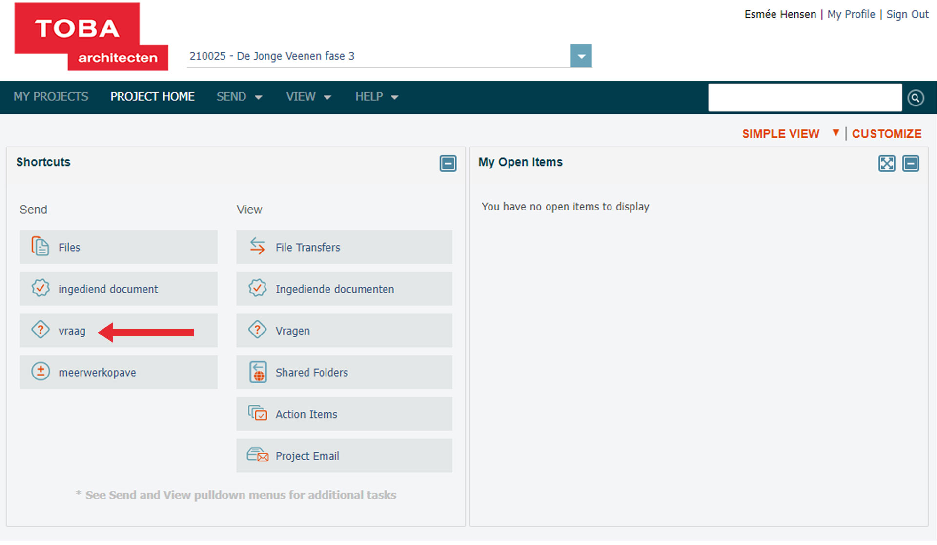 Toba architecten info exchange portaal newforma ingediend send vraag